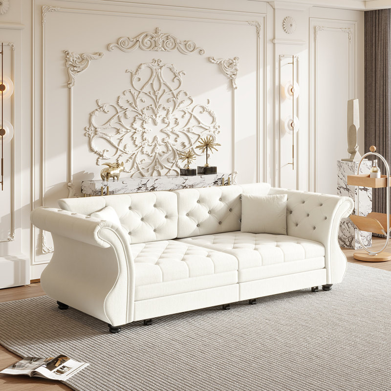 83.8" Oversized Chesterfield Pull Out Sofa Bed, Classic Roll Arm Velvet Couch with Flower Tufting, Beige White