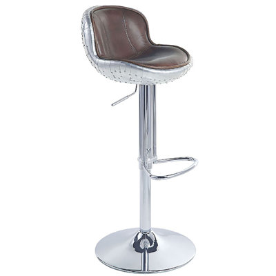 Tabouret pivotant en cuir brun avec repose-pieds en métal et motif en patchwork d'aluminium à hauteur réglable