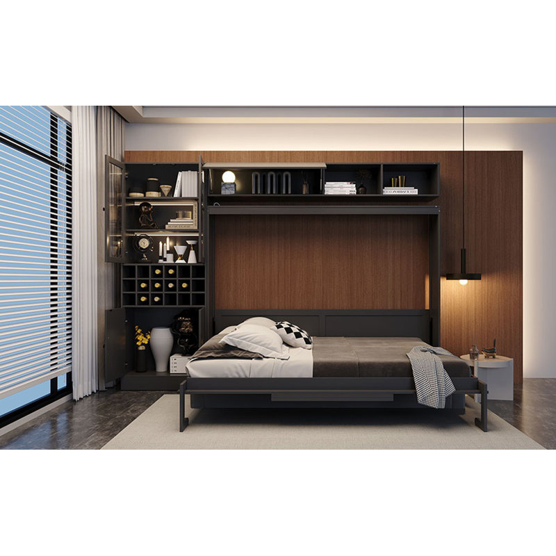 Lit escamotable mural avec canapé, tablettes USB et lumière Murphy, Gris, Grand lit
