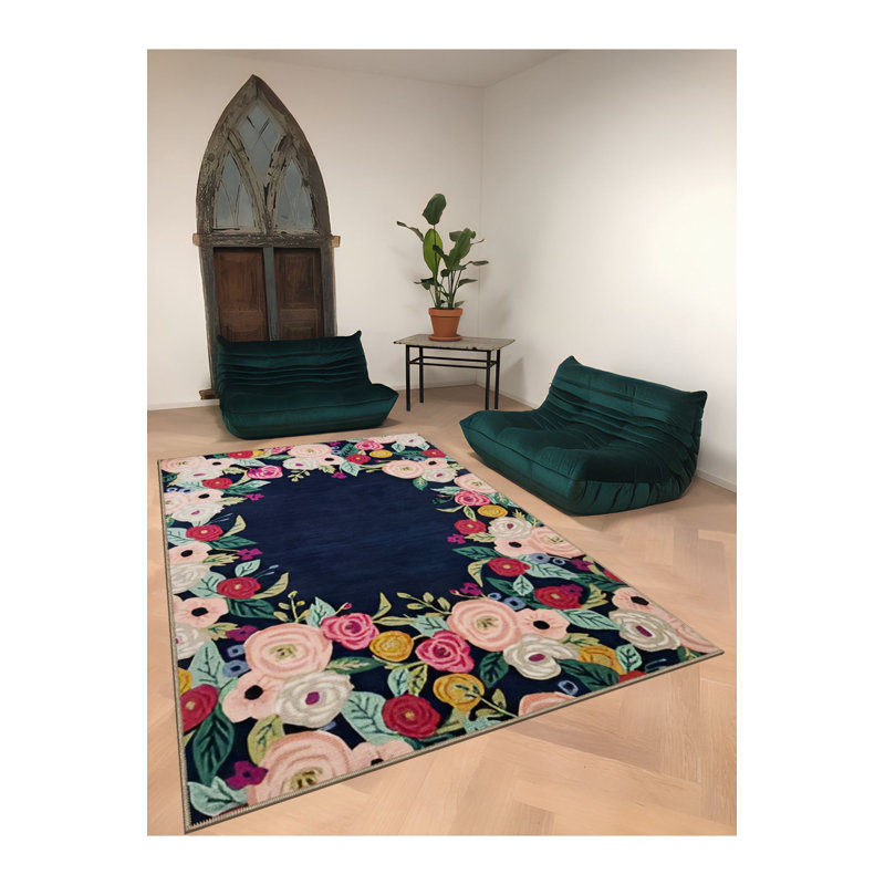 Tapis multicolore bleu marine à motif floral rose, Tapis de couloir 3 pi 3 po x 6 pi 7 po inclus