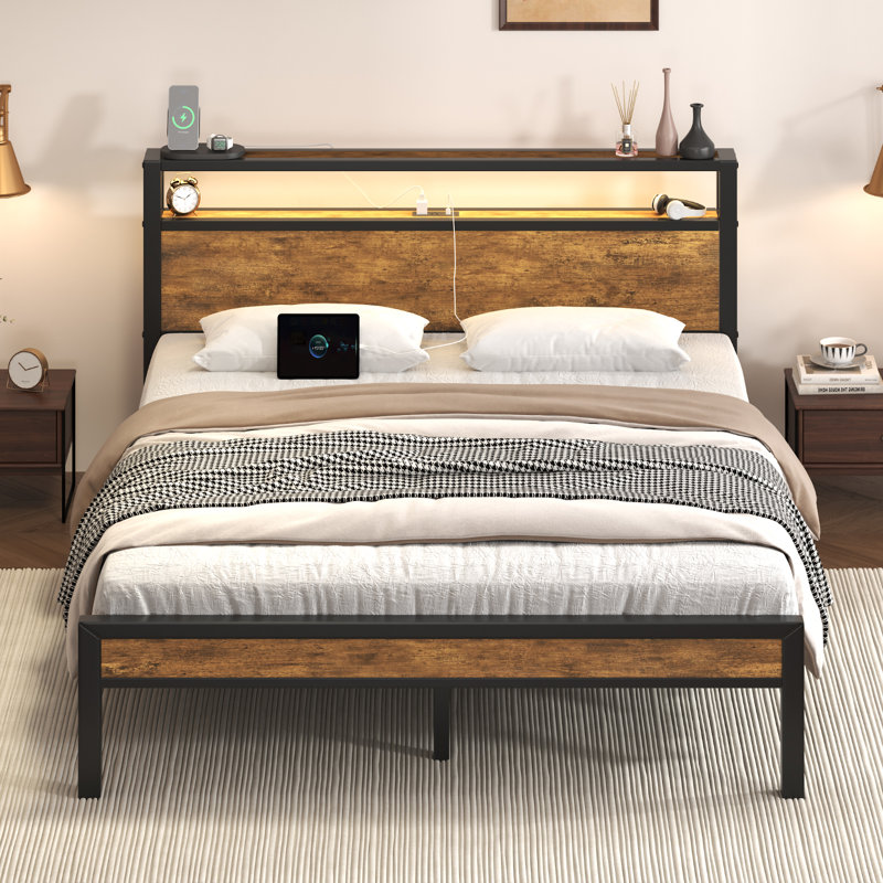 Queen Metal Platform Bed with 2-Tier Headboard, RGB LED Light & Charging Station, Easy Assembly, Brown, Brown, Queen