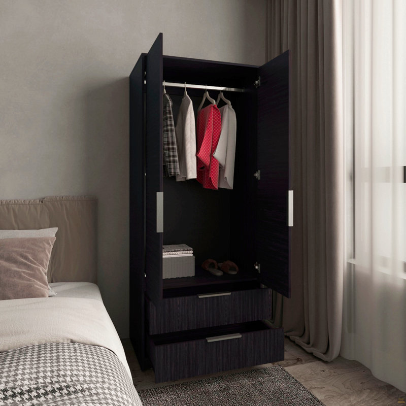 Armoire à deux portes, deux tiroirs, une tringle suspendue et des tablettes intérieures, garde-robe