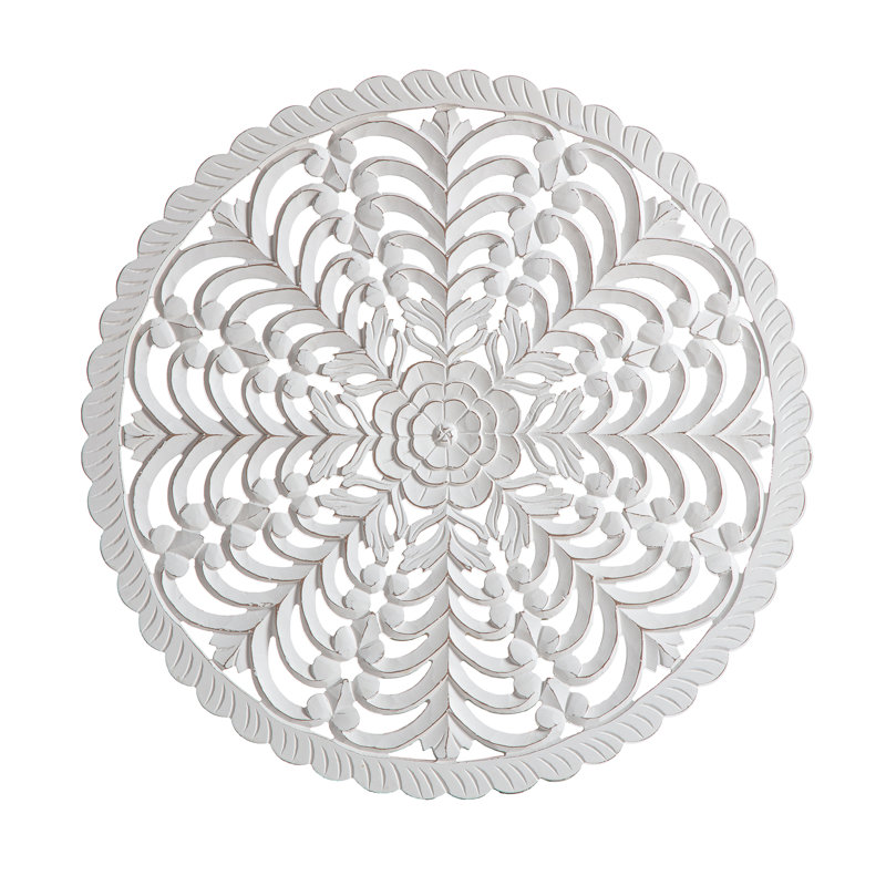 Lottie White Round Wood Bohemian Wall Medallion, 30-Inches