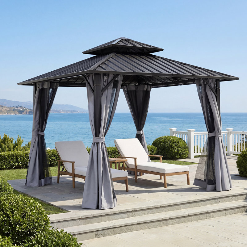 10 Ft. x 10 Ft. Outdoor Aluminum Hardtop Gazebo, Double Roof Patio Gazebo with Curtains and Netting, Ventilated Metal Roof Outdoor Shelter for Backyard, Garden, Deck and Patio, Gray