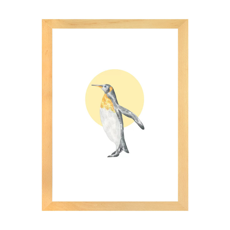 Aquarelle, pingouin avec cercle jaune - impression d'art graphique, H 24 po x l 16 po x P 1 po, Papier avec cadre beige