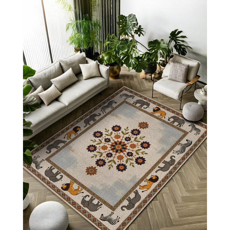 Isabel Collection Digital Print Cotton-Polyester Beige Colorful Animal Print Rug, Runner 2'8" x 8'3"