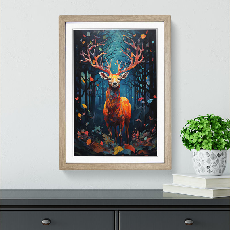 XYZ-FRM-V1223-515 Deer Orphism No.2 1 Piece Single Picture Frame Wall Art, 64cm H x 46cm W x 2cm D, Oak