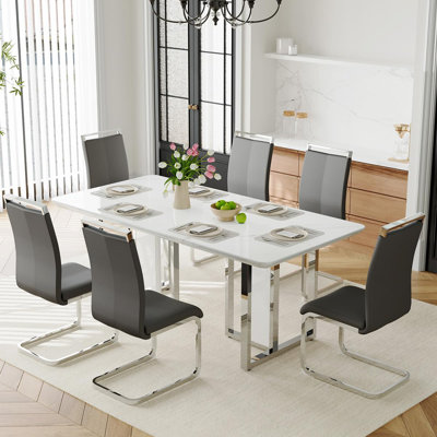 Ensemble de table de salle à manger blanc pour 6 personnes, ensemble de table de salle à manger de 63 po avec pieds chromés, ensemble de 6 tables de cuisine modernes et chaises pour la salle à manger, structure très brillante et robuste
