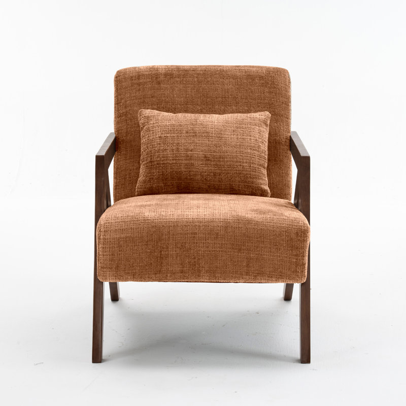 Juriana Mid Century Modern Upholstered Solid Wood Accent Armchair with an Extra Pillow, Brown Chenille