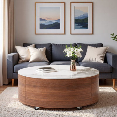 Table basse ronde moderne mobile 29,5 po avec roulettes, 2 tiroirs et plateau en marbre fritté