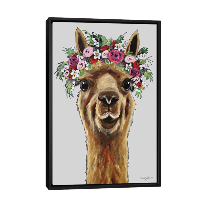 Fiona l'alpaga avec couronne de fleurs sur fond gris par Hippie Hound Studios - impression, H 26 po x l 18 po x 1,5 po