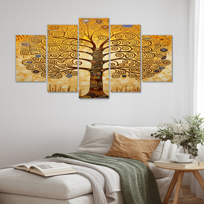 Art nouveau, art mural en spirale jaune 5 pièces, H 32 po x l 60 po