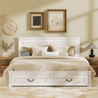 Lit très grand style avec tête de lit haute, 2 tiroirs de rangement, lumières DEL, charge, pin noyer pour chambre à coucher