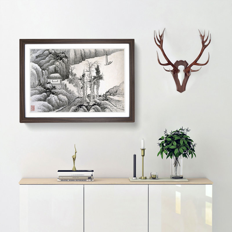 Landscape Vol.12 by Gong Xian - Picture Frame Drawing Print, 48cm H x 65cm W x 2cm D, Walnut Framed