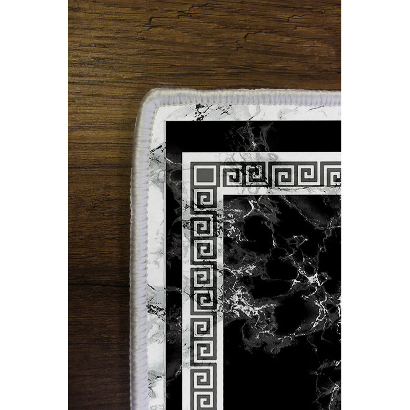 Tapis géométrique en polyester tissé à la machine en noir / blanc / gris, Rectangle 3 pi 11 po x 5 pi 11 po