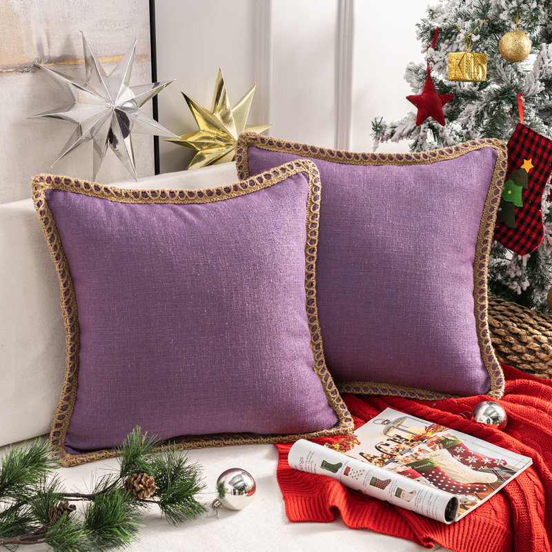 Purple Linen Farmhouse Embroidered Square Throw Pillow Set
