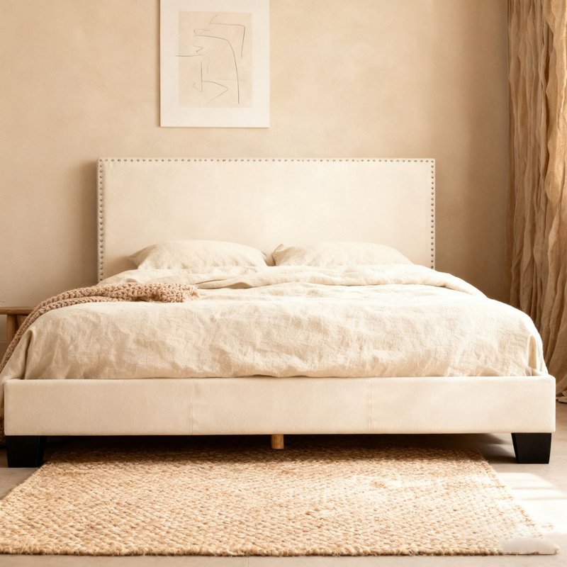 Linen Upholstered Platform Bed, Beige
