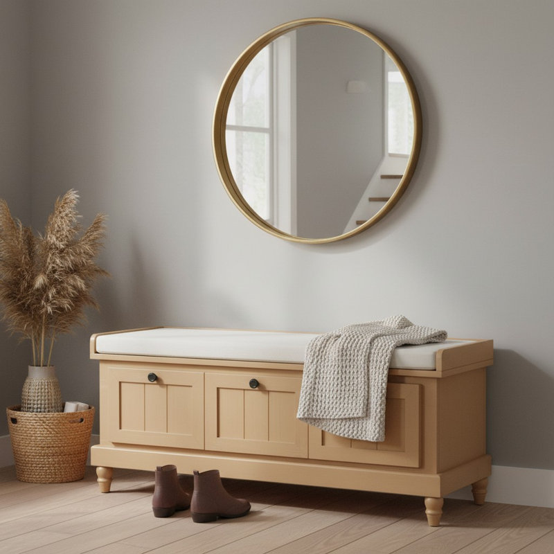 Lift-Top Storage Bench With Cushion and 3 Drawers, Natural