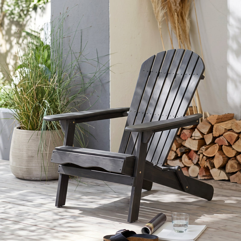 Chaise Adirondack pliante en bois massif Kalicki, Gris foncé