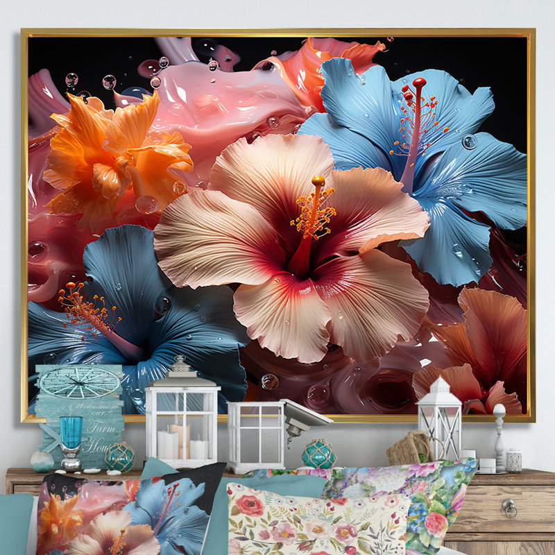Hibiscus coloré et moderne I - Hibiscus, impressions d'art mural, Cadre flottant doré, H 34 po x l 44 po x P 1,5 po