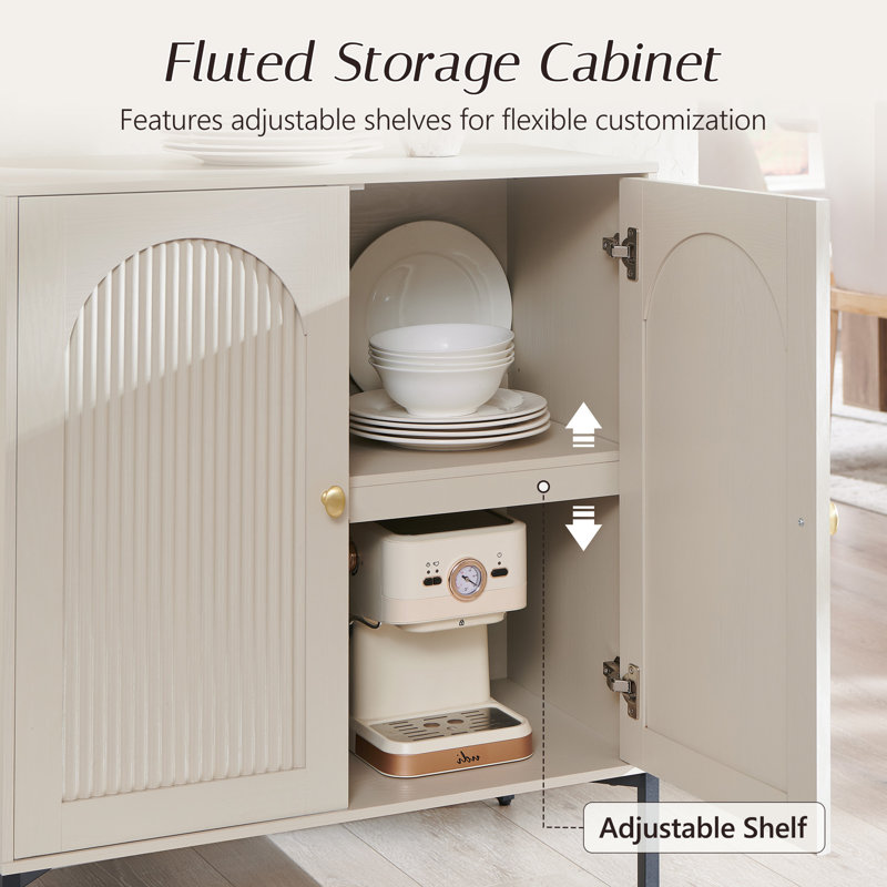  Modern Fluted Arched Buffet Cabinet with Storage, 34" Tall Wooden Modular Sideboard Cabinet w/Adjustable Shelves, Cream