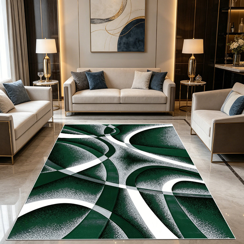 1PC Modern Abstract Swirl Curved Geometric Dark Green & Silver Textured area rugs for Living Room, Soft and Comfortable, Suitable for all seasons, easy-to-maintain, machine washable Indoor floor mat, Under Table Farmhouse suitable for dining room,
