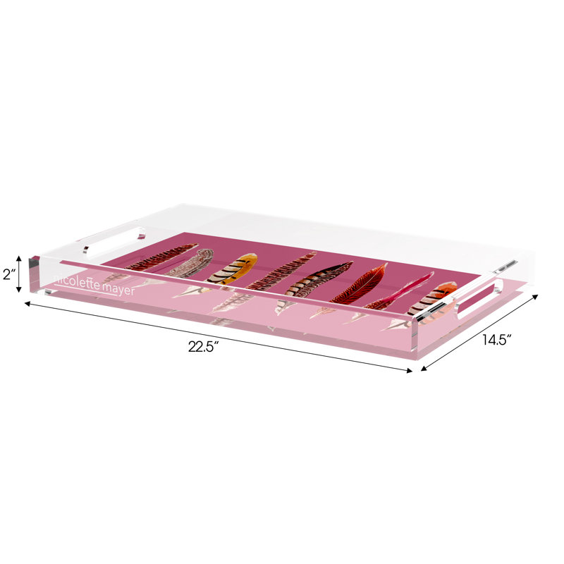 Pheasant Feathers Acrylic Rectangle Decorative Tray, Mauve, 22.5"W x 14.5"D x 2"H
