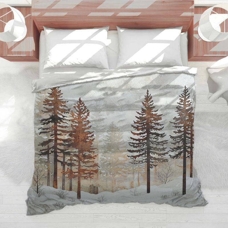 Snowy Pine Forest Scene Comforter, Queen