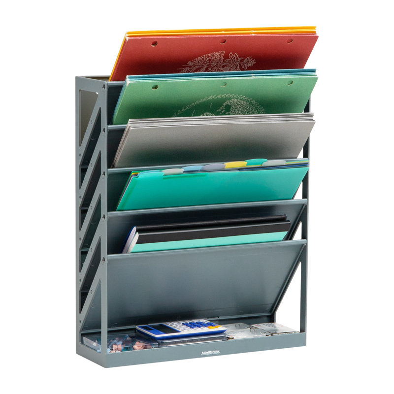 Mind Reader 5-Tier Vertical File Storage, Desktop Organizer, Wall Mount, Office, Plastic, 13"L x 4.25"W x 16"H, Gray