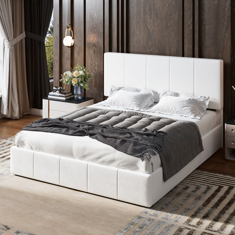 Hydraulic Lift Up Storage Velvet Upholstered Platform Bed, White, Queen