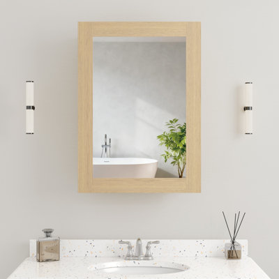 Armoire à pharmacie moderne avec cadre en bois de chêne l 20 po x H 28 po avec miroir, tablettes réglables, porte réversible, murale ou encastrée, entièrement assemblée