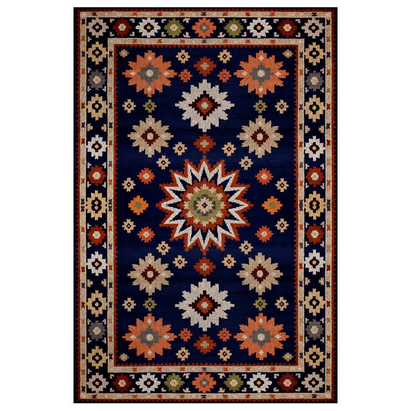 Madeline Collection Digital Print Cotton-Polyester Navy Colorful Moroccan Rug, Round 2'8"