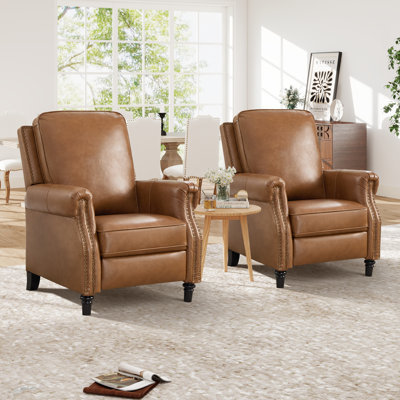 32.7'' Wide Classic and Comfort Top Grain Leather Push Back Recliner with Nailhead Trim ( Set of 2)