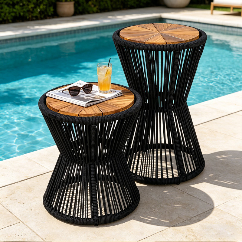 Ensemble de 2 tables d'appoint d'extérieur avec bois d'acacia et corde tissée, Noir