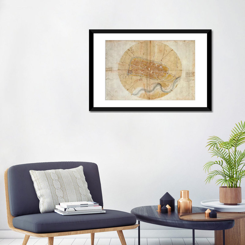 « map of imola, 1502 » par leonardo da vinci-impression d’art graphique sur toile tendue, Papier avec cadre noir, Blanc