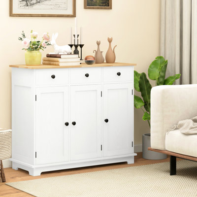 Sideboard For Kitchen - Solid Wood Countertop, 3 Drawers, Doors, Adjustable Shelf In Modern Distressed White Style Storage