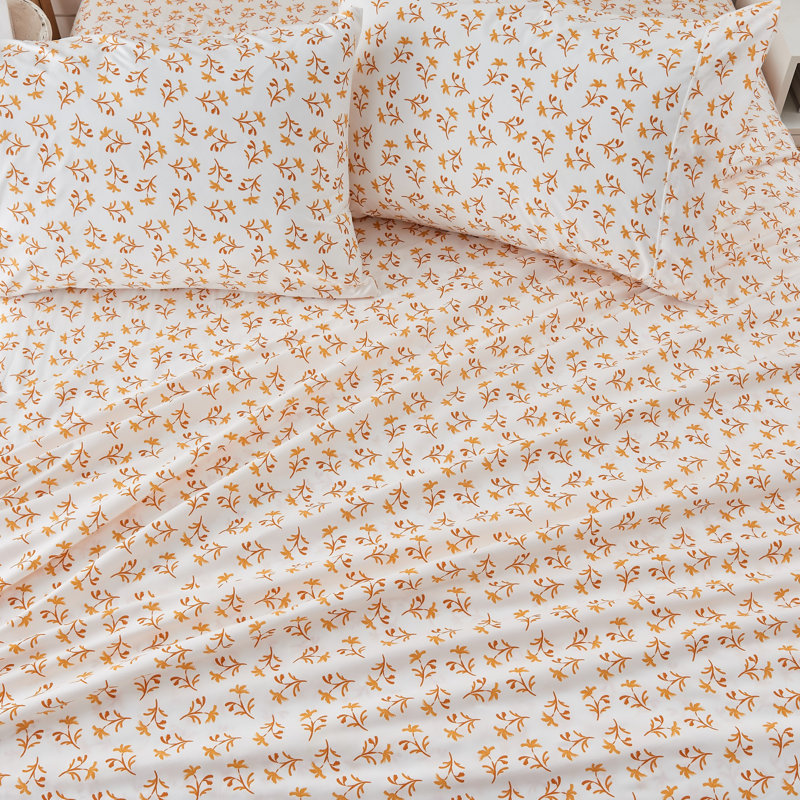 Twin Size White and Orange Floral Microfiber Sheet Set