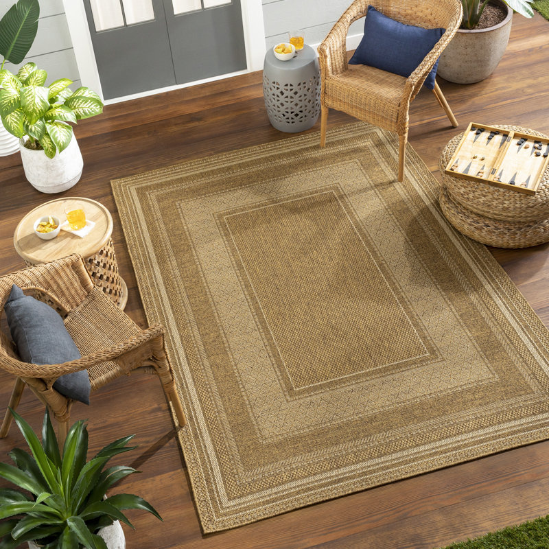 Brown Modern Outdoor Rug, Bordered Stain Resistant Easy to Clean Rug For Patio, Balcony, Decks & Garden
