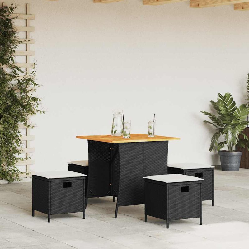 5 Piece Patio Dining Set With Cushions Poly Rattan, Black, White