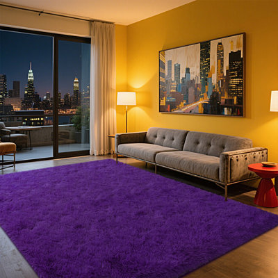 Large Purple Shag Rugs for Living Room, Fluffy Area Rug For Bedroom, Non-Slip Backing, Spring Decorative Carpet For Daily Use, Ideal For High Traffic Areas Indoor, School Season Surprise