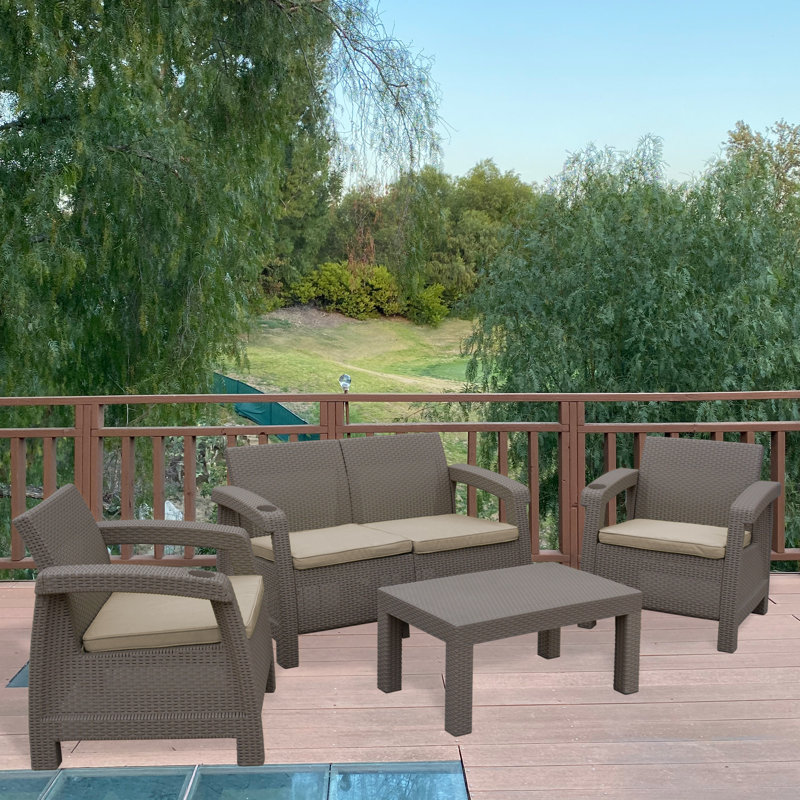 Kaitlind 4 - Person Patio Conversation Set with Cushions, Tan, Gray