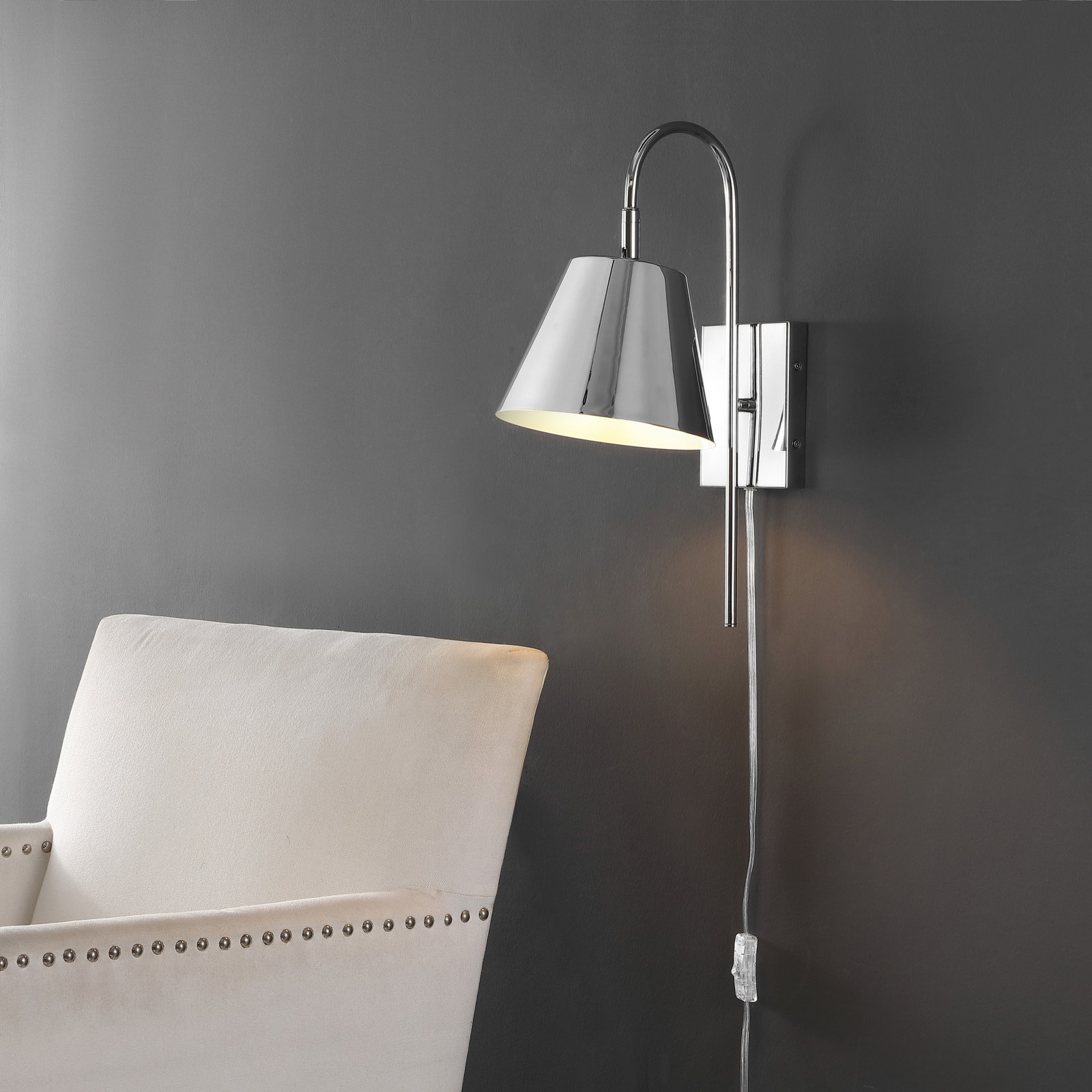 Rhoeva Single Light Dimmable Plug-in Flush Mounted Sconce, Chrome, Chrome