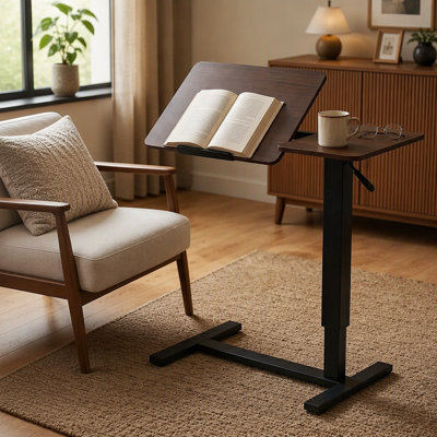Bureau de chevet au-dessus du lit, support mobile pour ordinateur portable, table de lit inclinable avec roulettes, table de chevet à plateau réglable en hauteur pour canapé de lit pour ordinateur portable, Noyer