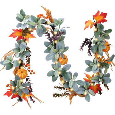 Guirlande de feuilles d'automne pour manteau de cheminée, guirlande de citrouilles avec oreilles d'agneau en soie de 6 pi avec lumières, pièce maîtresse de table de l'Action de grâce en érable
