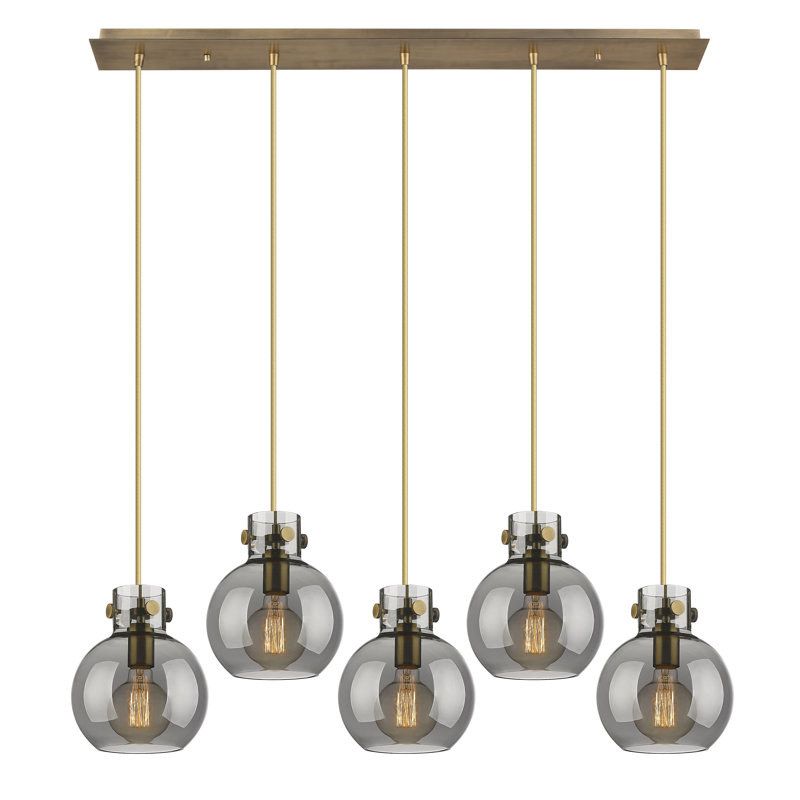 Luminaire suspendu sphère 5 lumières Amrith, Laiton brossé, Gris fumée clair