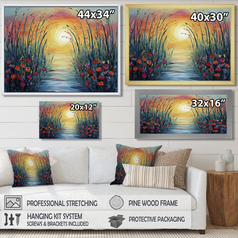 Décoration murale coucher de soleil fleurs sauvages dans la nature III - bambou, H 24 po x l 32 po, Cadre simple, Noir