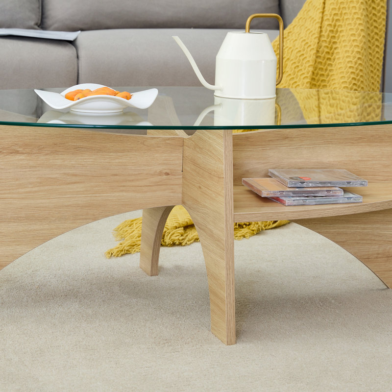 Table basse ovale en verre trempé, Bois naturel