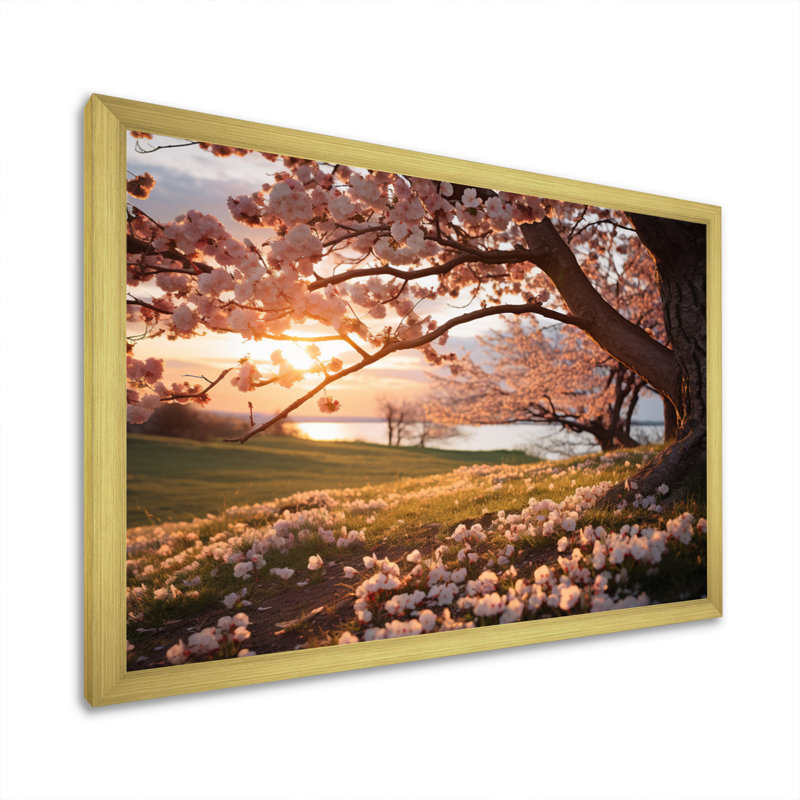 «Pink Cherry Blossom Field II», reproduction sur toile, Cadre doré à une seule photo, H 34 po x l 44 po x P 1,5 po