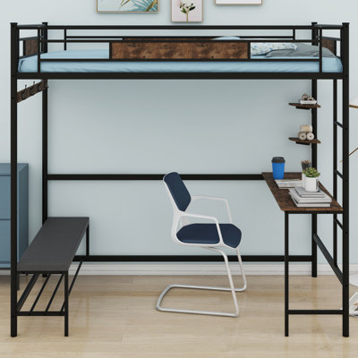 Lit mezzanine robuste avec bureau intégré, tablettes de rangement et crochets à manteaux
