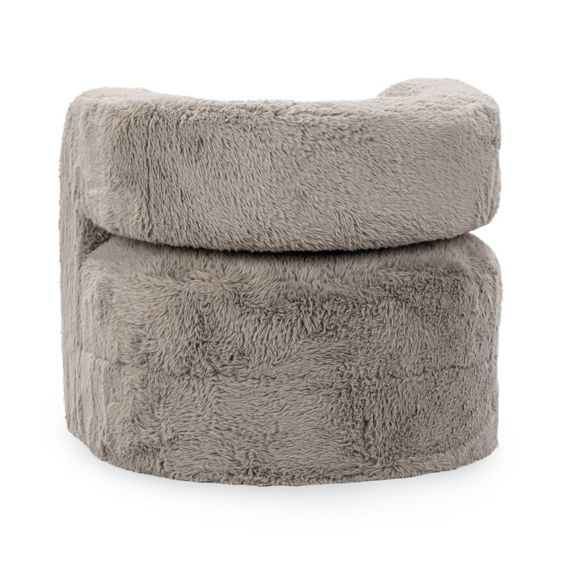 Beige Faux Fur Upholstered Barrel Chair with Solid Wood Frame